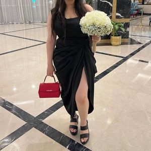 Black Satin Off The Shoulder Draped Skirt
Midi Dress